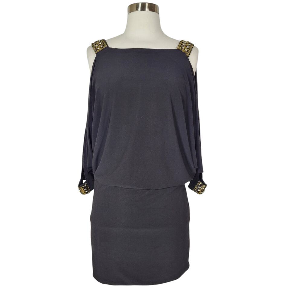 Aqua Women's Black Cold Shoulder Rhinestone Beaded Tunic Dress Stretch Size 2
